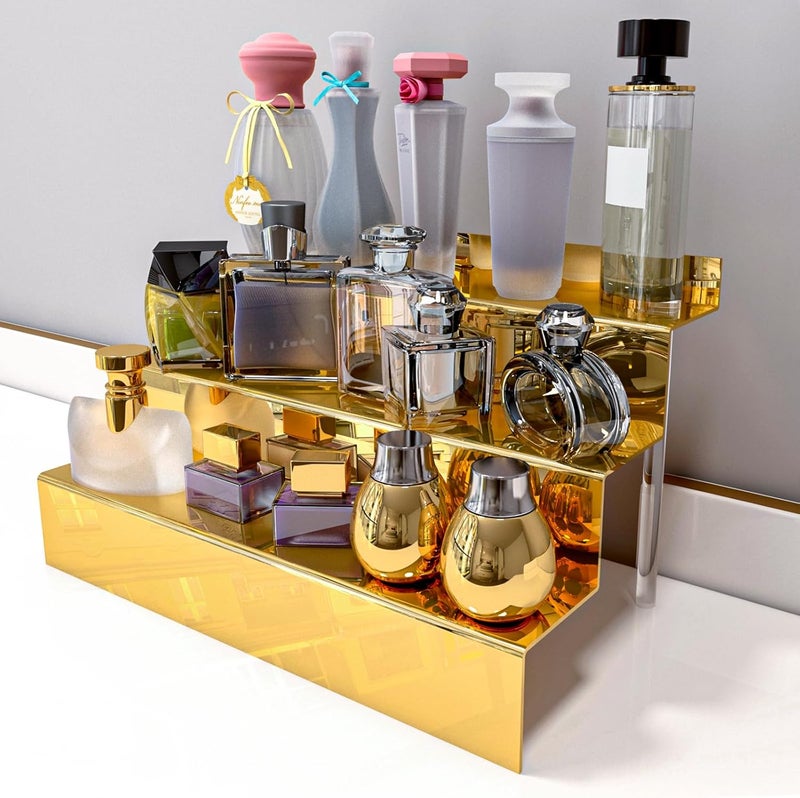 YMVV 12 IN Mirror Gold Acrylic 3 Tier Display Riser Perfume Organizer, Perfume Cologne Organizer Holder, Pops Toy Figures, Clear Cupcake Riser, Dessert Shelf - Image 3